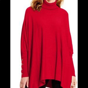 Turtleneck Red Poncho Sweater with Gold Buttons